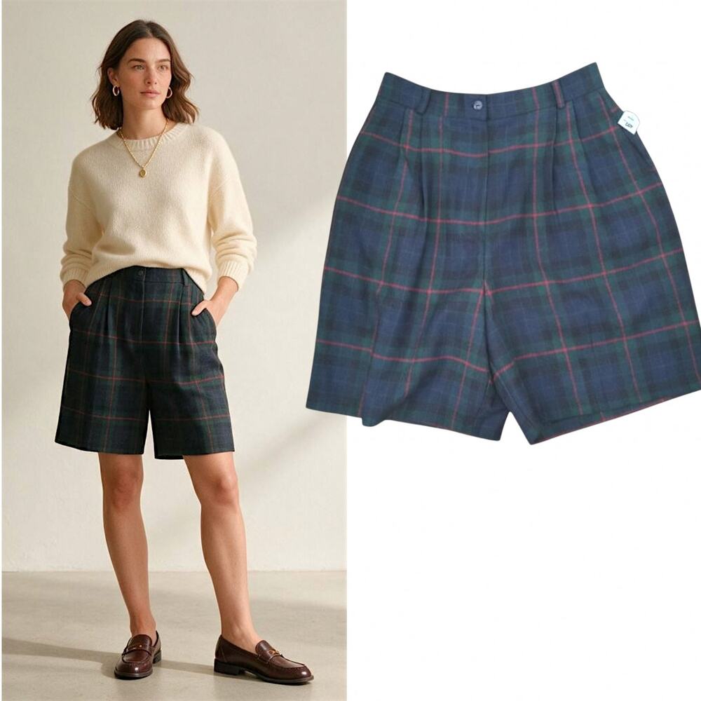 Kim Rodgers Green Tartan Plaid Wool Blend Pleated Shorts SZ 16P Pockets NWT
